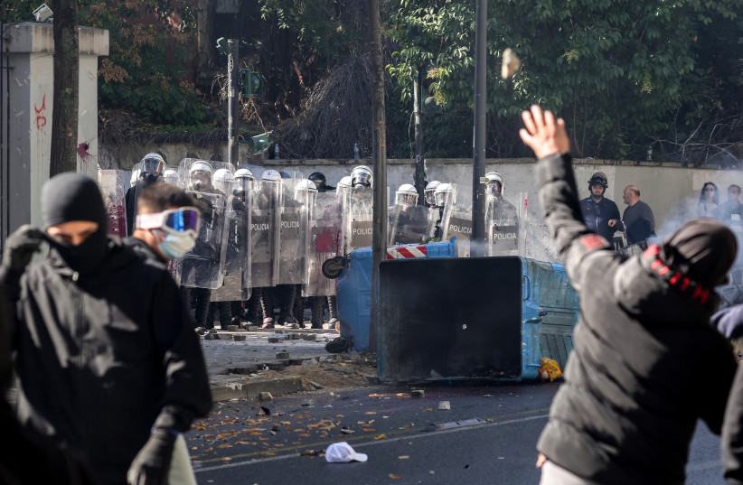 Students clash with police during protest in front of Education Ministry on October 17, 2026 in Tirana, Albania. Violent protests started in the Albanian capital on Tuesday led by students calling for better education conditions and the resignation of Prime Minister Edi Rama