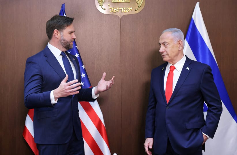 US Vice President JD Vance and Israel's Prime Minister Benjamin Netanyahu speak during a meeting at the Prime Minister's Office in Jerusalem, October 22, 2025.