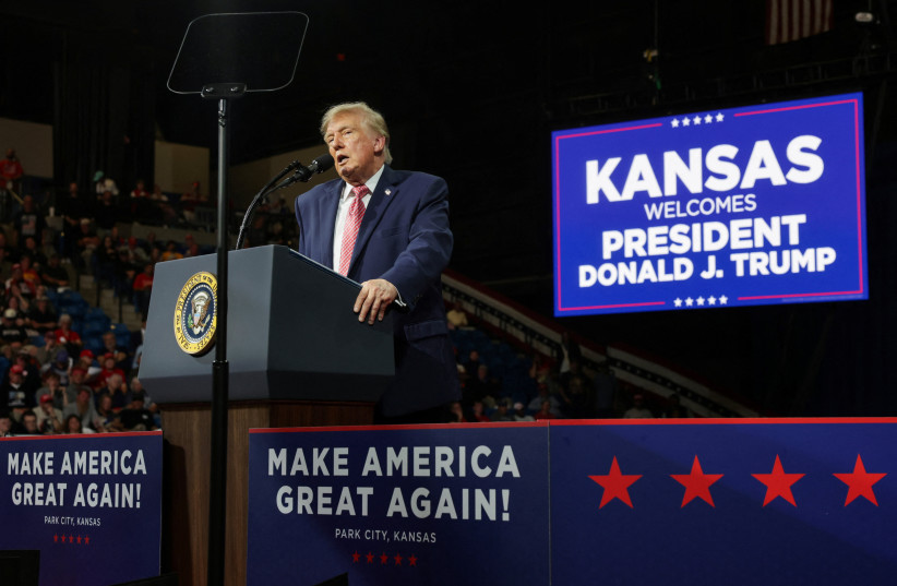 US President Donald Trump speaks during a rally in support of Republican US Senate reelection candidate Roger Marshall (R-KS) in Park City, Kansas, US, October 19, 2026.
