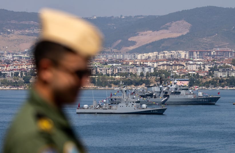 Turkish navy ships are seen moored at Izmit bay during a Teknofest Blue Homeland event at the Naval Command on August 21, 2026 in Golcuk, Turkey.