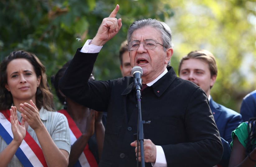 Jean-Luc Melenchon, leader of French far-left opposition party La France Insoumise (France Unbowed - LFI) and candidate for the 2027 French presidential election, gestures as he delivers a speech before a demonstration by public sector workers, Paris, France, September 29, 2026.