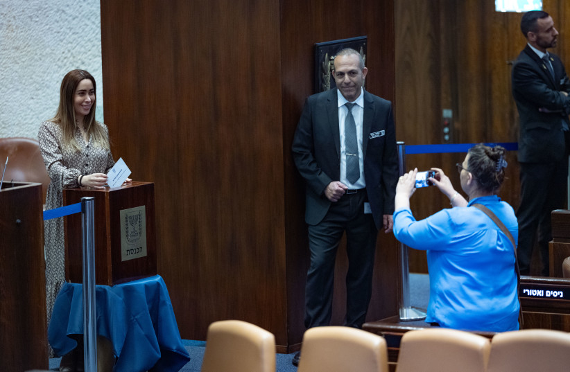 Minister for Social Equality and the Advancement of Women May Golan and Member of Knesset Galit Distel Atbaryan attend the State Comptroller elections at the plenum of the Knesset, in Jerusalem, June 3, 2026.