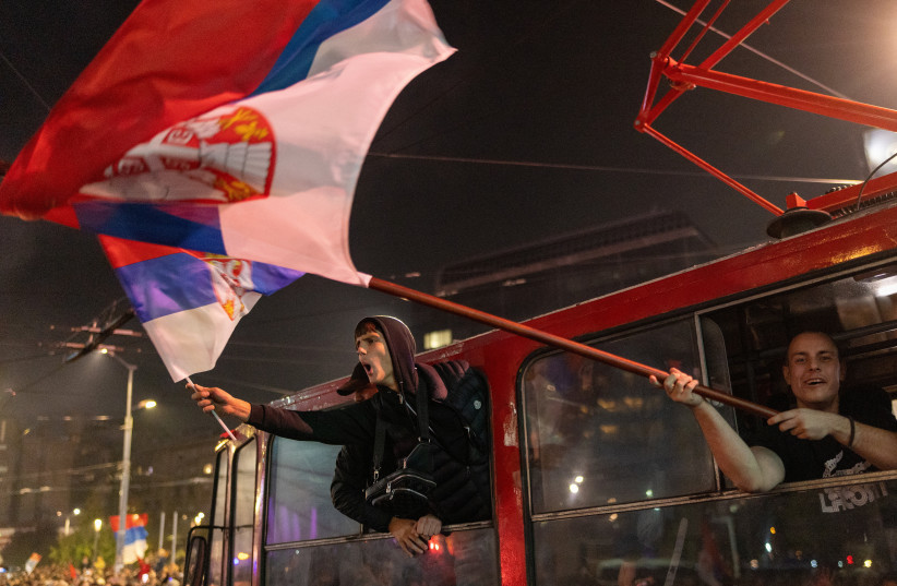 Supporters of the electoral list ''Student List - Students Win'' celebrate after Aleksandar Vucic, Serbian Progressive Party (SNS) prime ministerial candidate, conceded defeat in the parliamentary election in Belgrade, Serbia, October 26, 2026.
