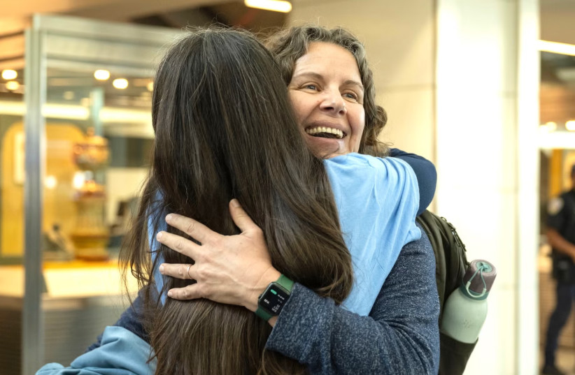 J Street regional director Shimrit Braun Kamin (left) hugs Galit Lipsitz Goldental near the El Al counter at San Francisco International Airport, Oct. 25, 2026.