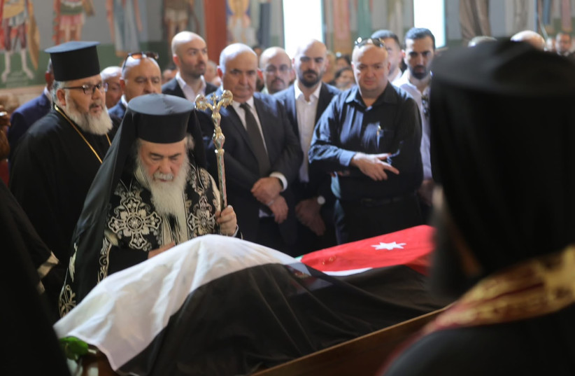 Theophilos III, the Greek Orthodox Patriarch of Jerusalem joins the community of the Church of Saint George in Hammoud, Jordan to mourn those killed in a terror attack.