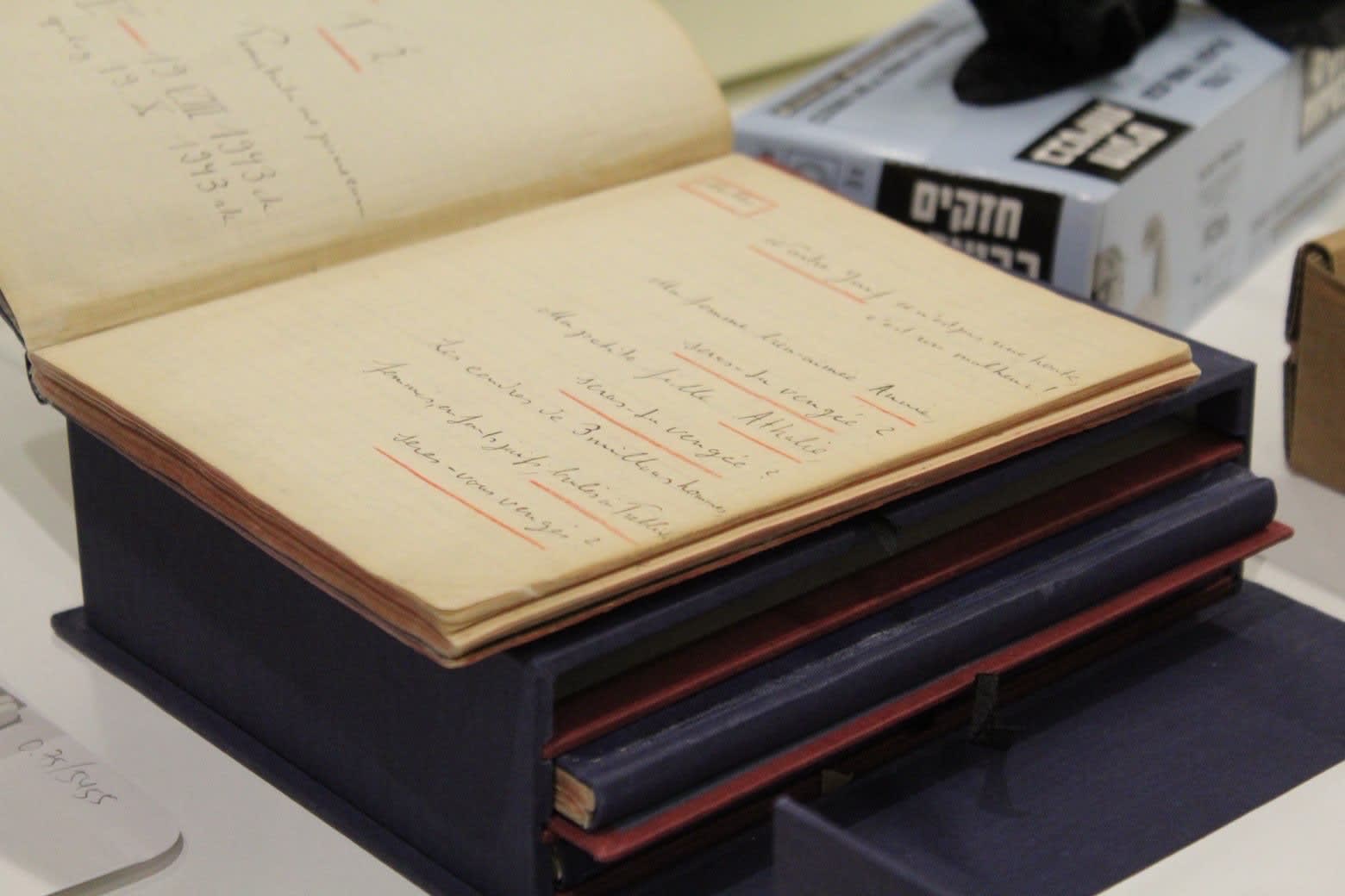 A page in Calel Perechodnik’s original diary, which is now stored in Yad Vashem’s archives in Jerusalem.  (photo credit: Sophie Berkeley)
