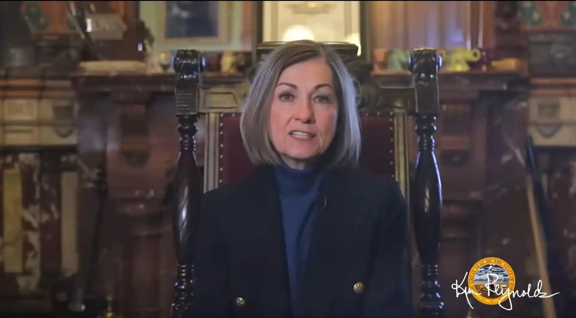 Iowa Governor Kim Reynolds announcing the launch of the Jewish American Heritage Month (JAHM) Student Scholarship Contest, organized by CAM (photo credit: Combat Antisemitism&nbsp;Movement)