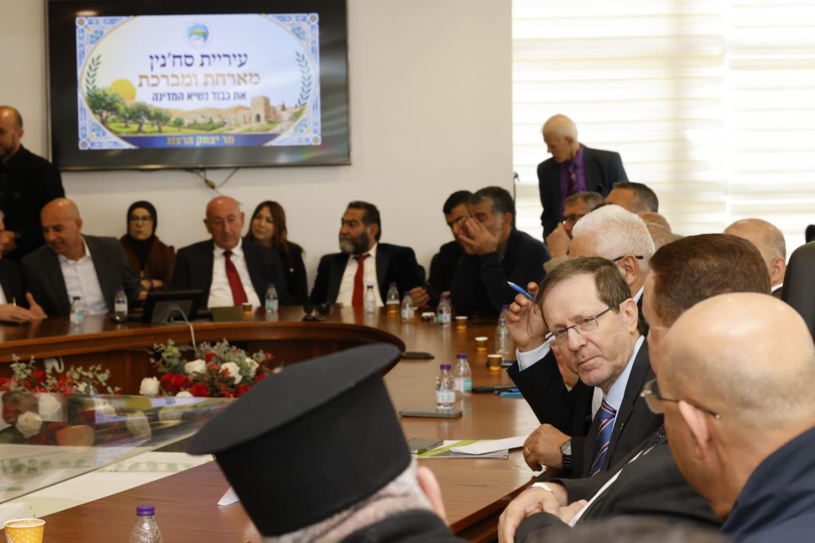 President Isaac Herzog visited the town of Sakhnin on Thursday, where he met with leaders from the Arab community in response to the recent rise in violence within Arab society in Israel.  (photo credit: YOSSI ZAMIR)