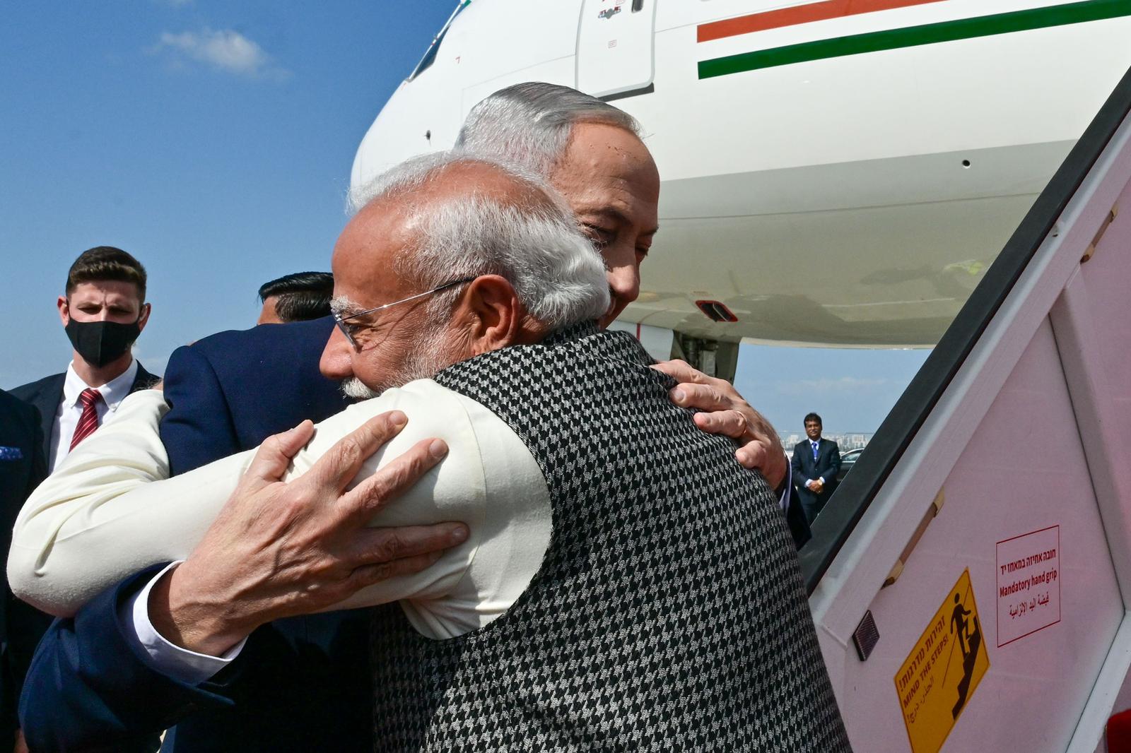 Prime Minister Benjamin Netanyahu and Indian PM Narendra Modi embrace at Ben-Gurion Airport, February 25, 2026. (photo credit: KOBI GIDEON/GPO)