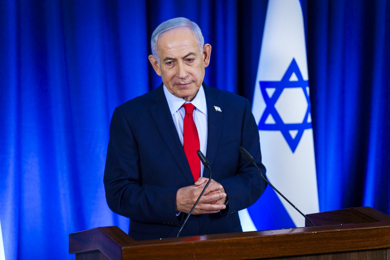Israeli Prime Minister Benjamin Netanyahu speaks during a press conference in Jerusalem, March 19, 2026. (photo credit: SHALEV SHALOM/POOL)