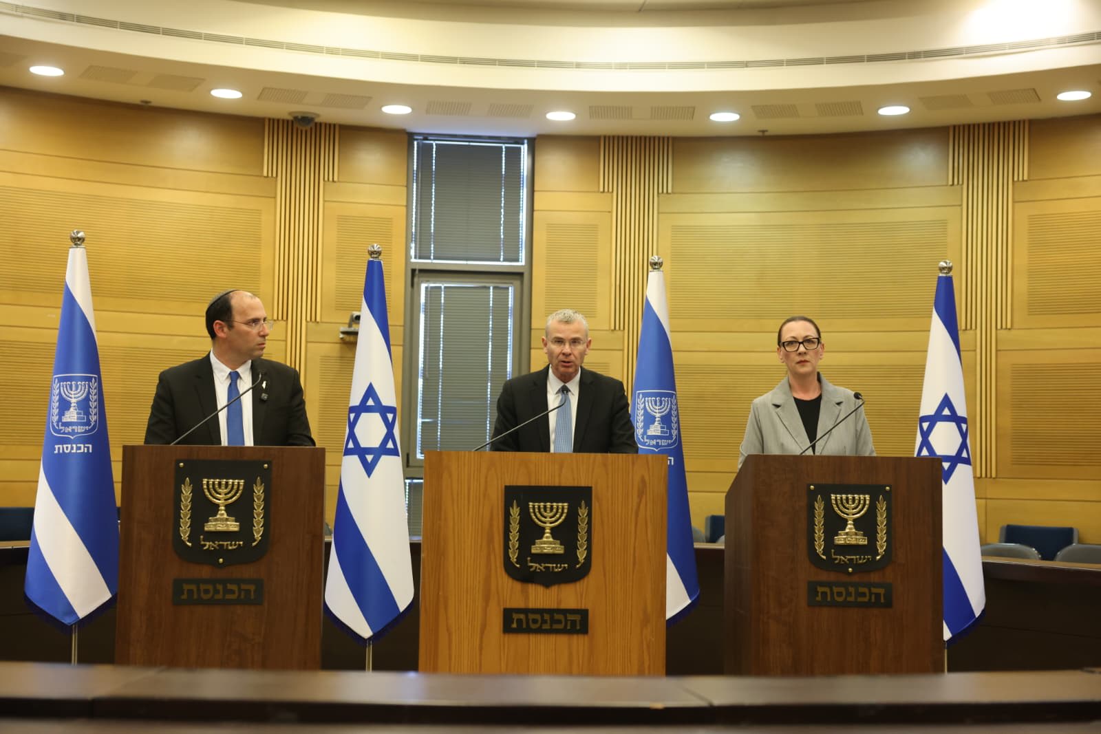 Justice Minister Yariv Levin, MK Simcha Rothman (Religious Zionist Party), and MK Yulia Malinovsky hold joint press conference in Knesset ahead of upcoming vote on bill to publicly prosecute Oct. 7 terrorists, Sunday May 10, 2026. (photo credit: MARC ISRAEL SELLEM)