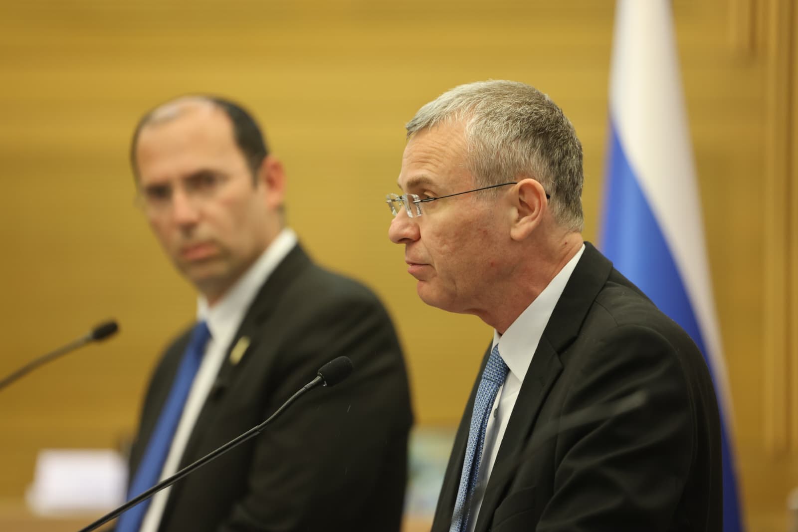 Justice Minister Yariv Levin, MK Simcha Rothman (Religious Zionist Party), and MK Yulia Malinovsky hold joint press conference in Knesset ahead of upcoming vote on bill to publicly prosecute Oct. 7 terrorists, Sunday May 10, 2026. (photo credit: MARC ISRAEL SELLEM)