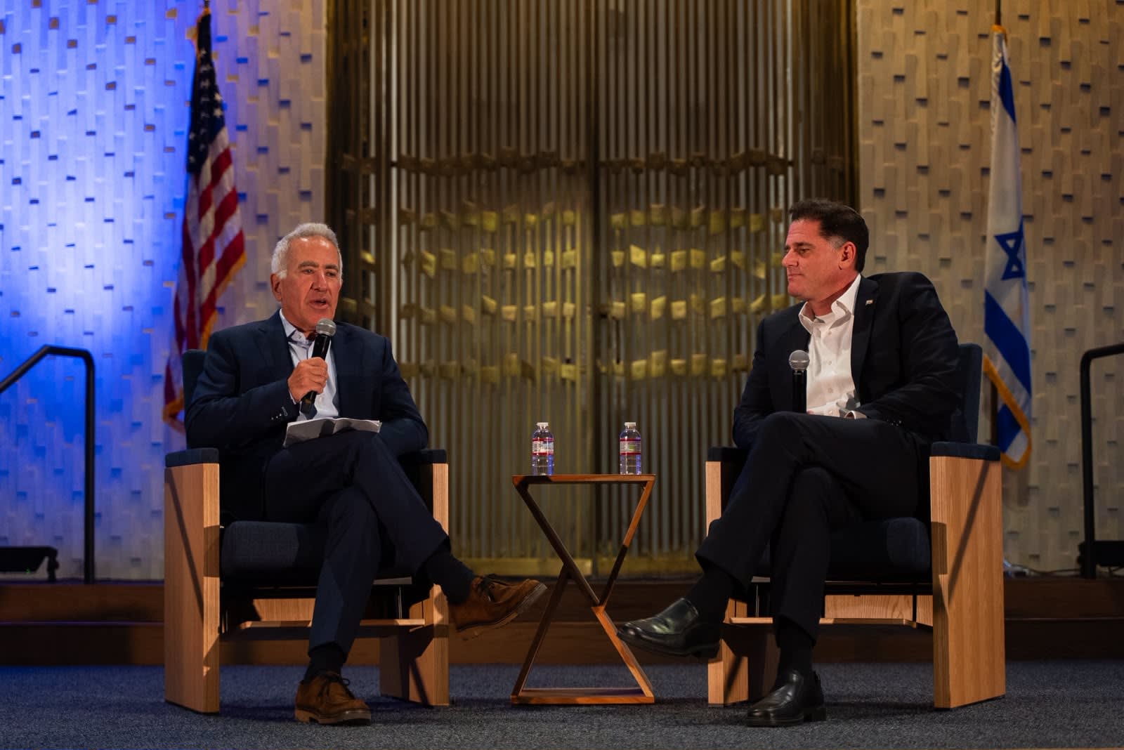 Former minister of strategic affairs Ron Dermer and World Jewish Congress Israel President Sylvan Adams speak at “Unite. Lead. Fight. - A Conversation with Ambassador Ron Dermer & Sylvan Adams,” in Los Angeles, California, on September 9, 2026. (photo credit: EDEN SHOHAT)