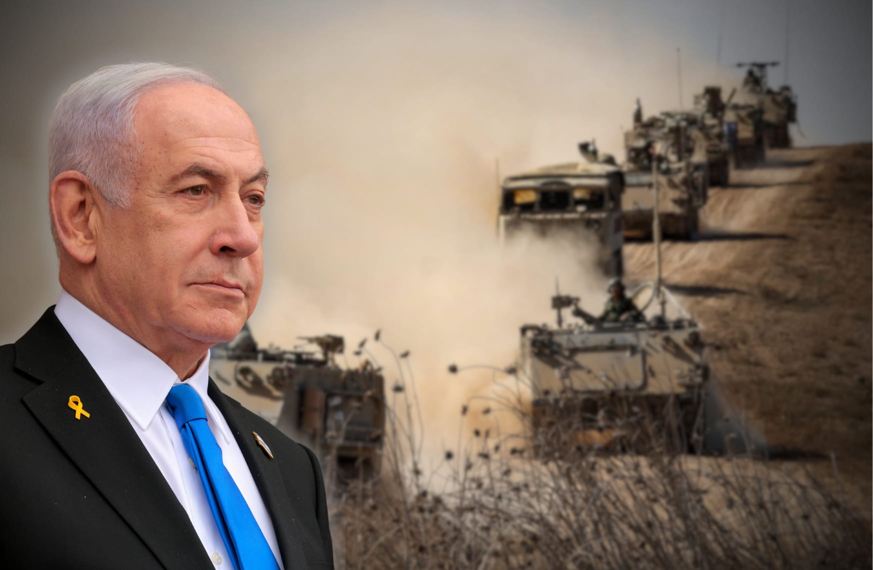  Prime Minister Benjamin Netanyahu against backdrop of IDF soldiers at war in Gaza (illustration).  (photo credit: Getty Images/Chip Somodevilla, JACK GUEZ/AFP)