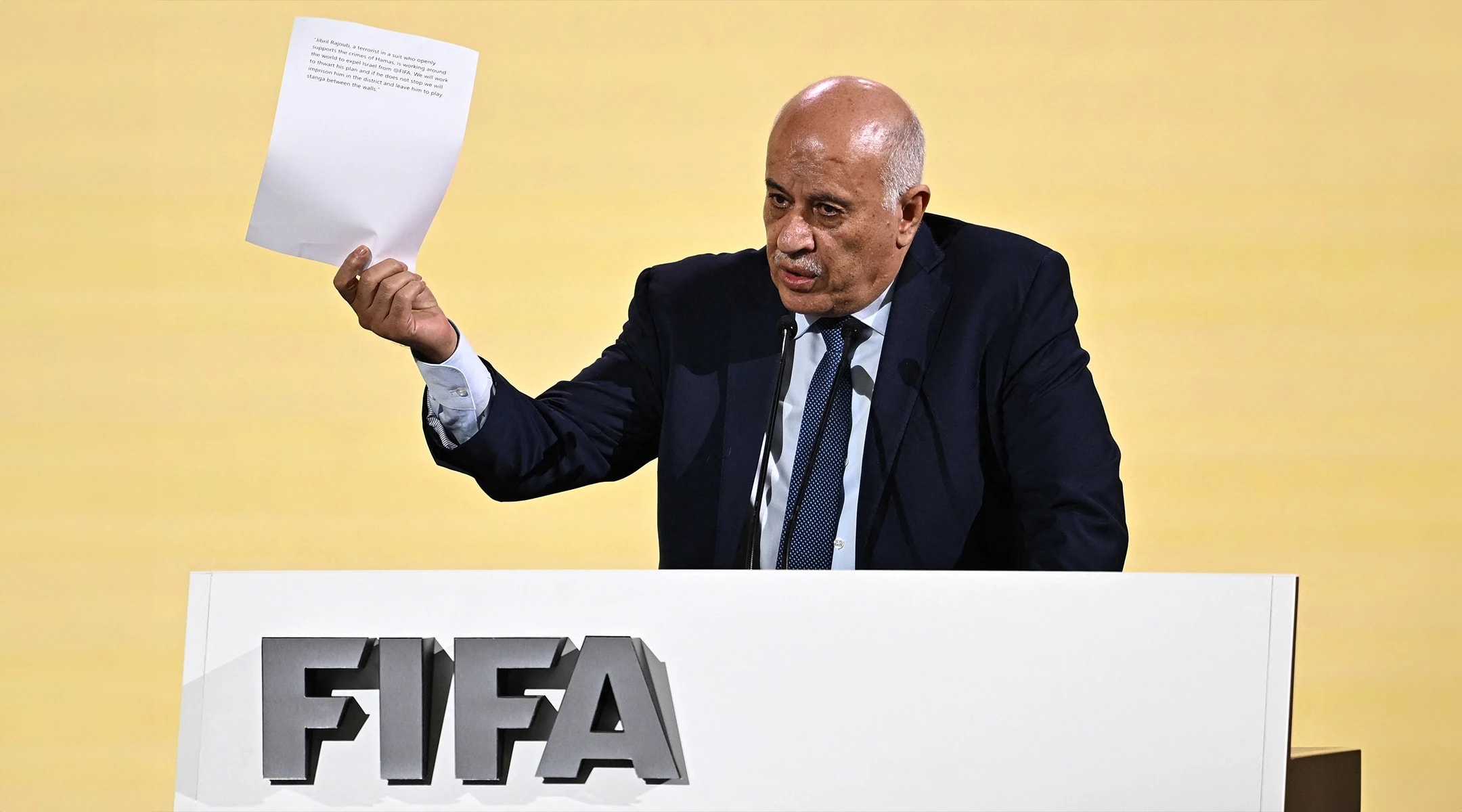  Palestinian Football Association President Jibril Rajoub speaks during the 74th FIFA Congress, May 17, 2024,  in Bangkok. (photo credit: Manan Vatsyayana/AFP via Getty Images/JTA)