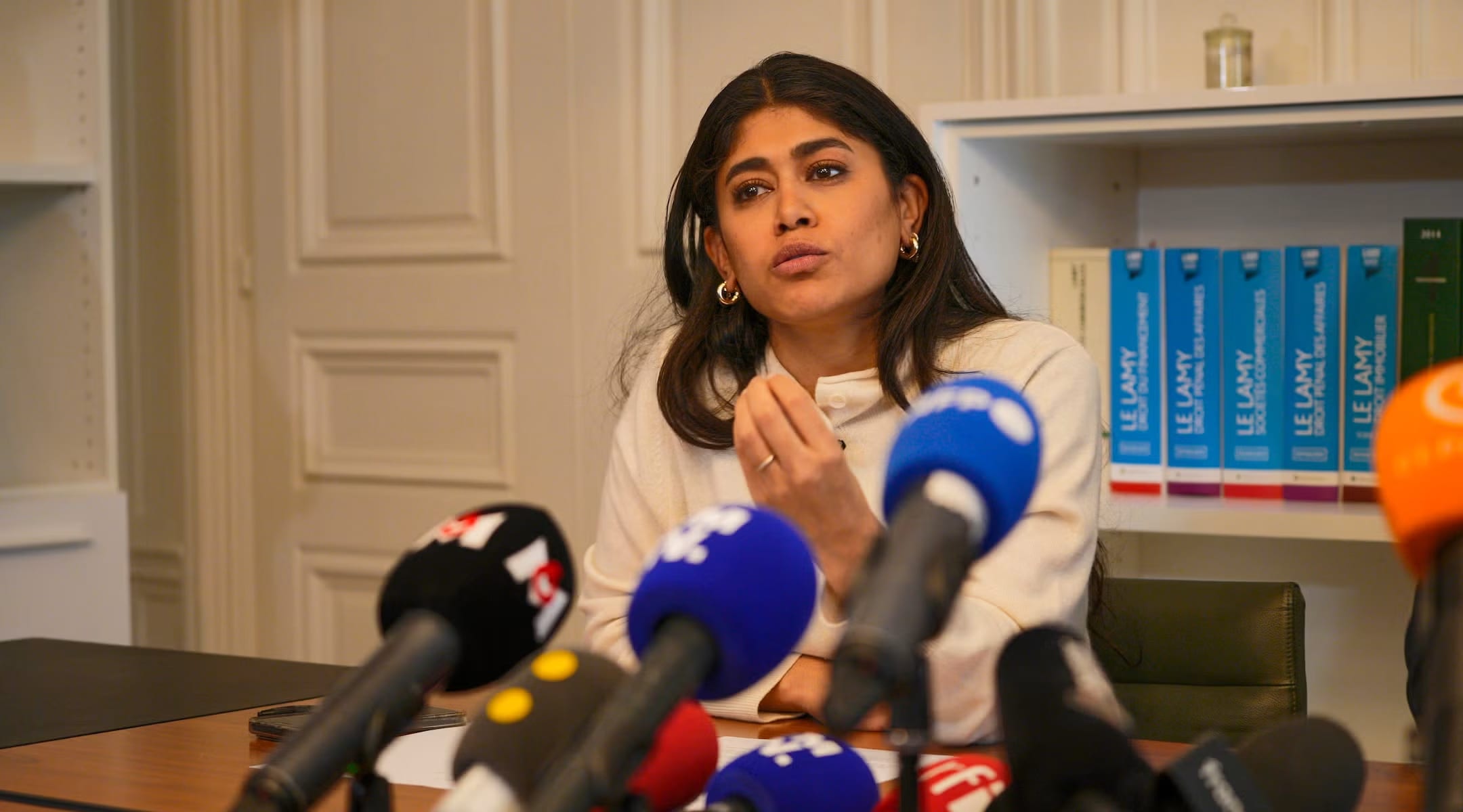 French MEP Rima Hassan is seen talking during a press conference on April 03, 2026 in Paris, France. Rima Hassan, French MEP for the far-left wing party La France Insoumise, was taken into police custody on April 3rd 2026 on "advocating terrorism" charges for a post on X on March 26 2026 (photo credit: Remon Haazen/Getty Images)