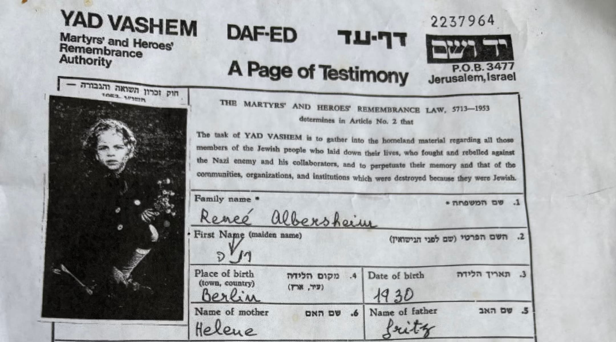 RENEE ALBERSHEIM was murdered during the Holocaust. A Jewish couple in Florida has said the Mourner