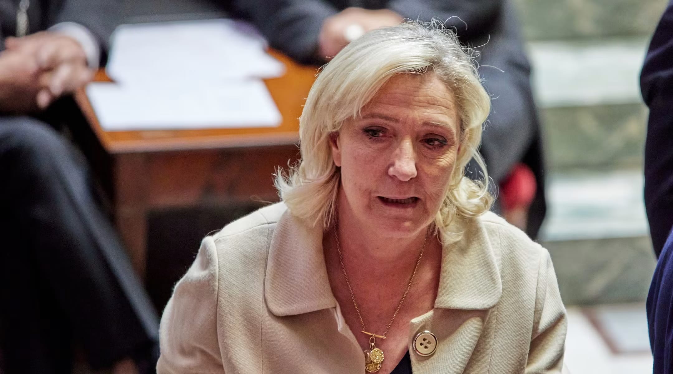 President of the Rassemblement National parliamentary group, Marine Le Pen, attends a session of questions to the government at the National Assembly, France