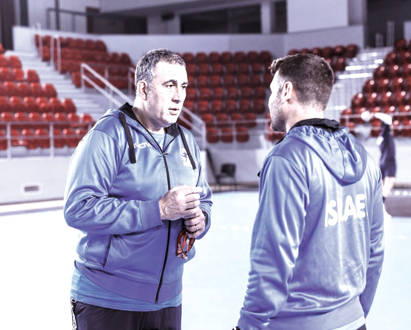 ISRAEL HANDBALL coach David Pisonero (left) confers with his assistant coach Chen Pomeranz (right) as the blue-and-white prepares for a pivotal two-leg World Cup qualifying clash against Georgia in Tbilisi.  (photo credit: Hadar van Colle/Courtesy)