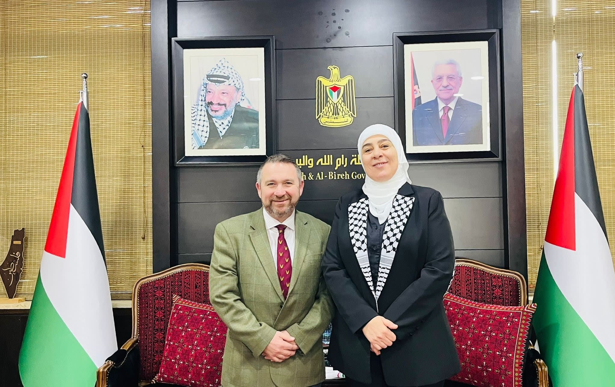 RAMALLAH GOVERNER Laila Ghannam with the British Ministry of Defence’s Senior Adviser for the Middle East and North Africa, General Edward Ahlgren. (photo credit: Facebook/Dr.Laila Ghannam)