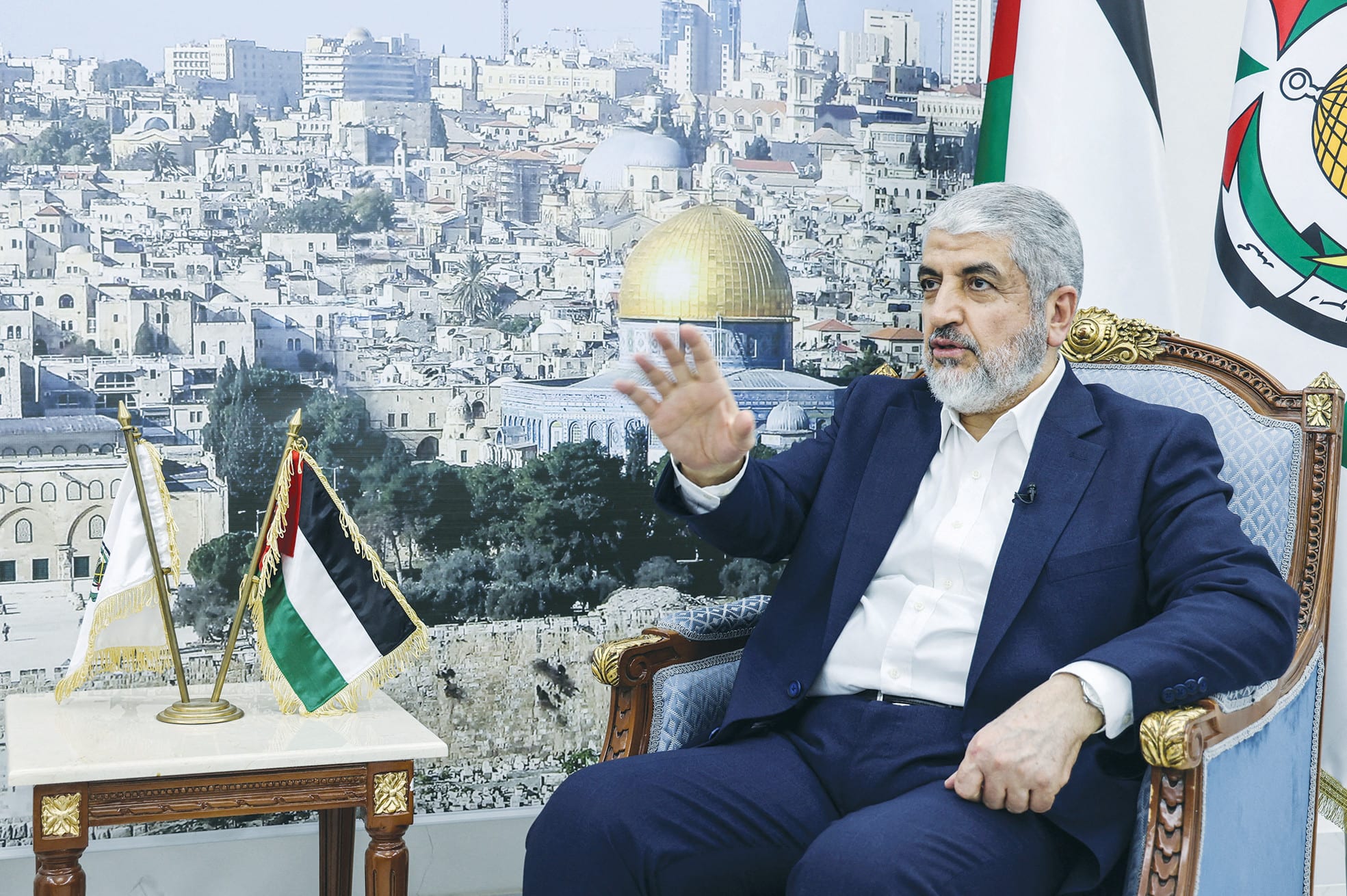 HAMAS TERRORIST KHALED MASHAAL speaks during an interview in Doha. (photo credit: IBRAHEEM ABU MUSTAFA/REUTERS)