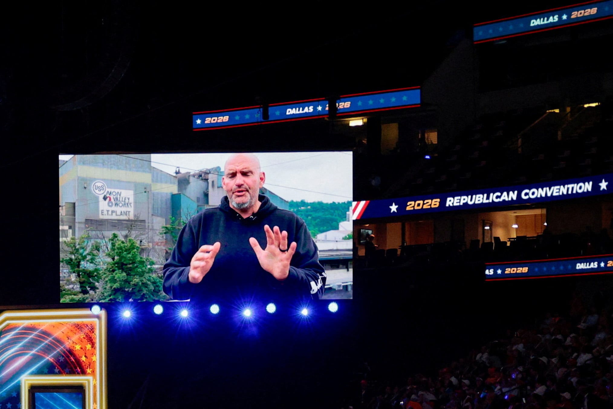 US Senator John Fetterman (D-PA) appears via video to introduce US Senator Dave McCormick (R-PA) during the Republican National Midterm Convention in Dallas, Texas, US, September 9, 2026. (photo credit:  REUTERS/Brian Snyder TPX IMAGES OF THE DAY)