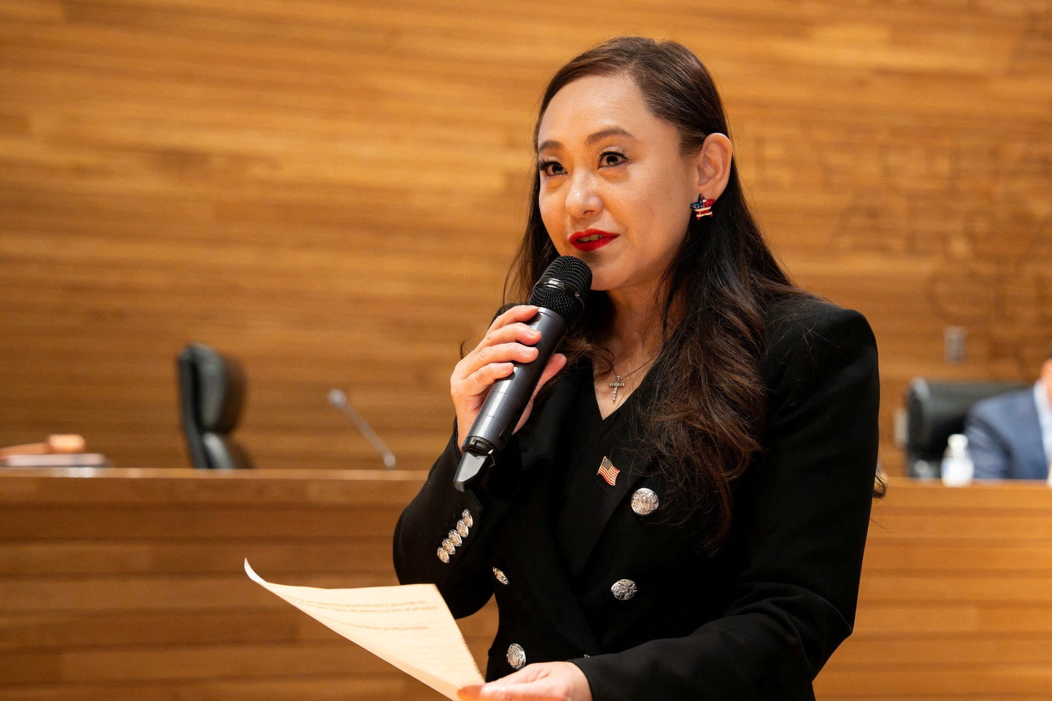 Eileen Wang speaks in Arcadia, California, US, in this handout image released on April 16, 2025.  (photo credit: City of Arcadia - City Hall via Facebook/Handout via REUTERS)