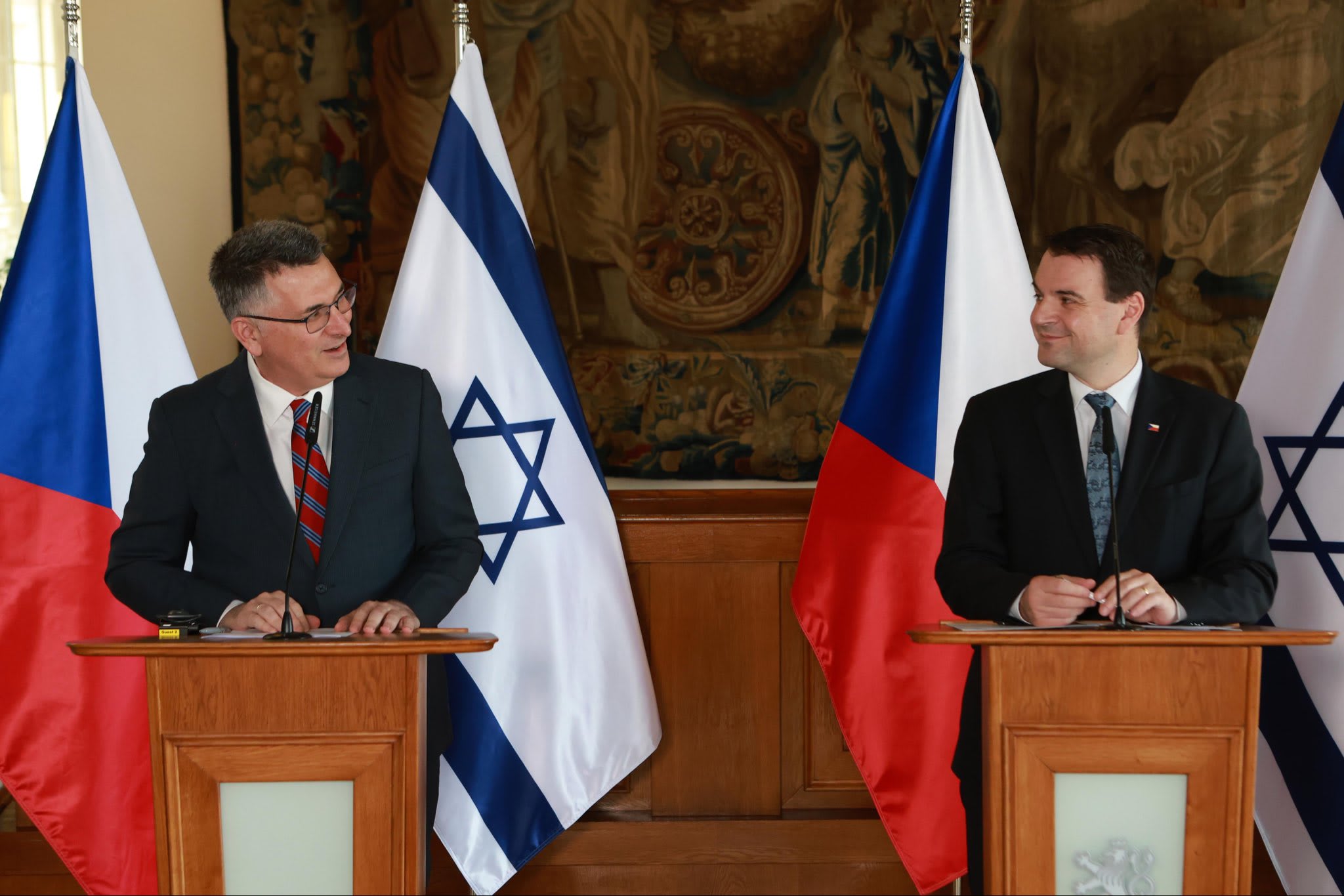 Foreign Minister Gideon Sa’ar and Czech Foreign Minister and Deputy Prime Minister Petr Macinka holding a joint press conference in Prague on May 20, 2026.  (photo credit: screenshot/x/@gidonsaar)