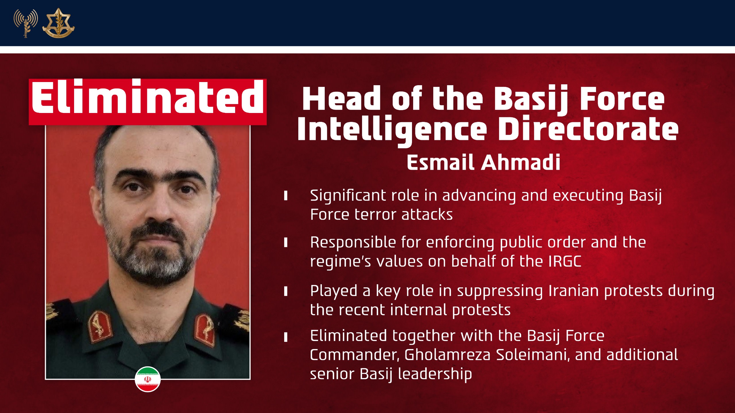 An IDF biographical infographic on Basij intelliegence chief Esmail Ahmadi, published March 20, 2026. (photo credit: IDF SPOKESPERSON
