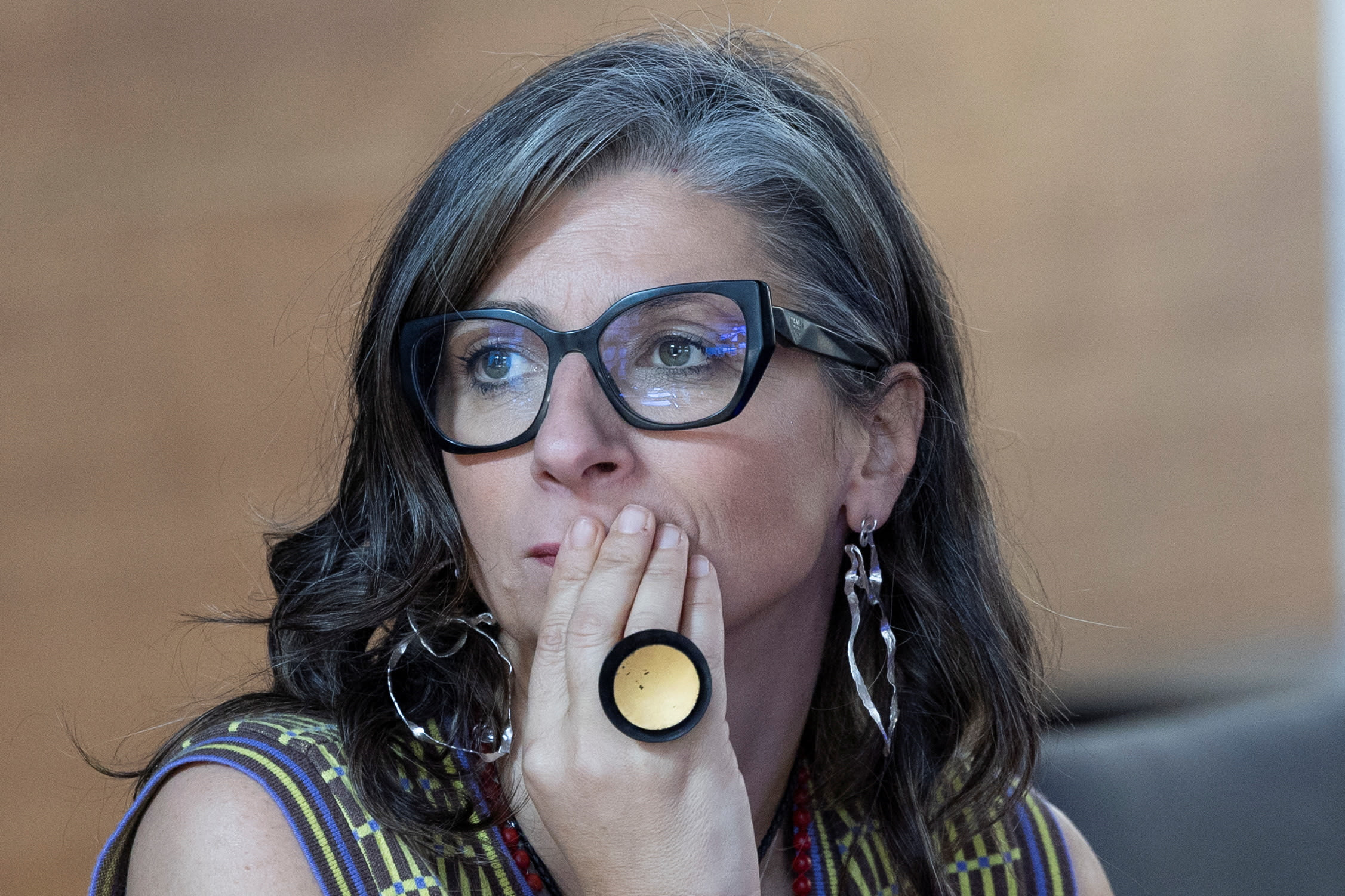 United Nations Special Rapporteur Francesca Albanese listens during a conference on "A Cartography of Genocide: Israel