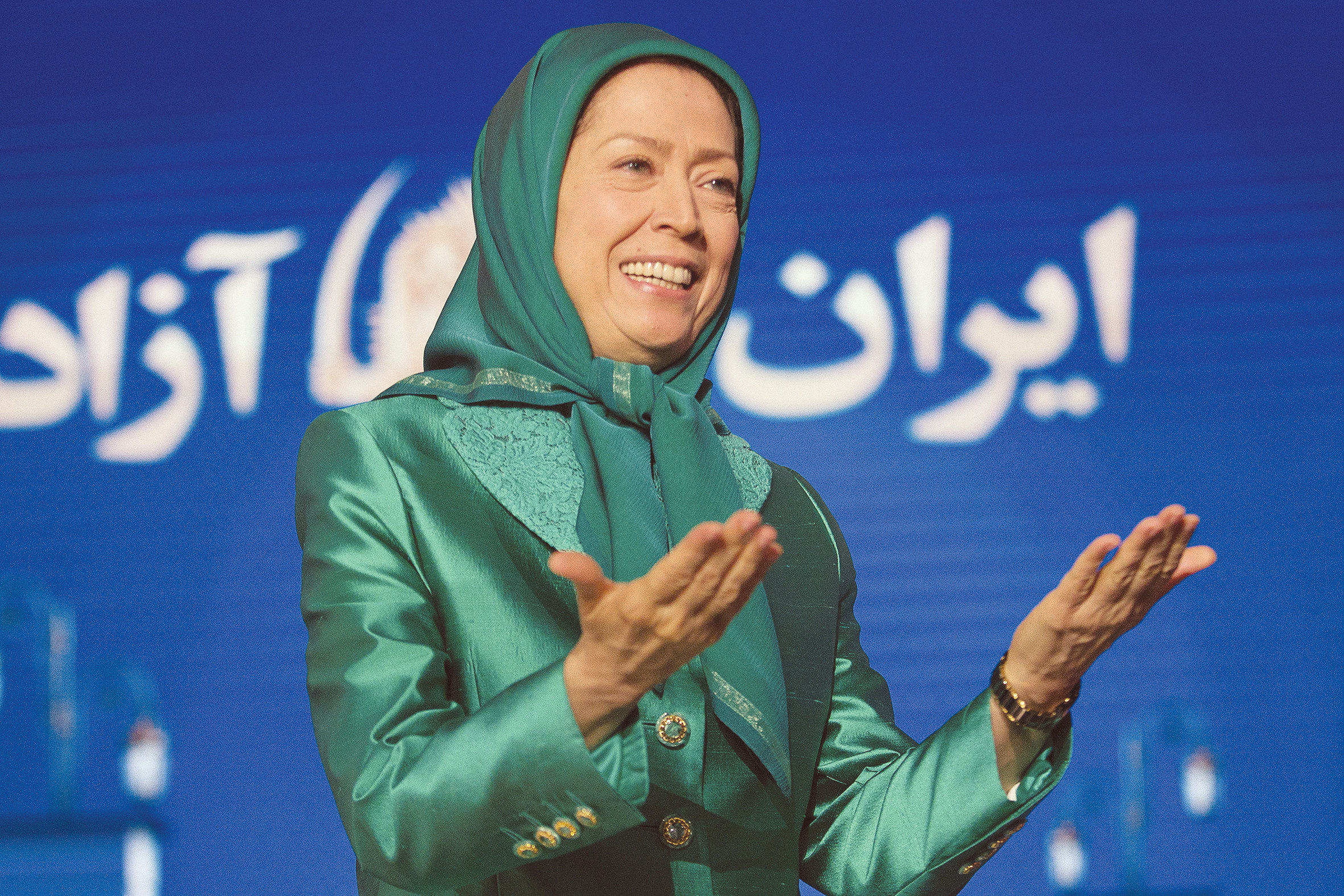 MARYAM RAJAVI – clad in colorful hijab – at an event in Ashraf-3 camp, a MEK base in Manza, Albania, 2019. (photo credit: Florion Goga/Reuters)