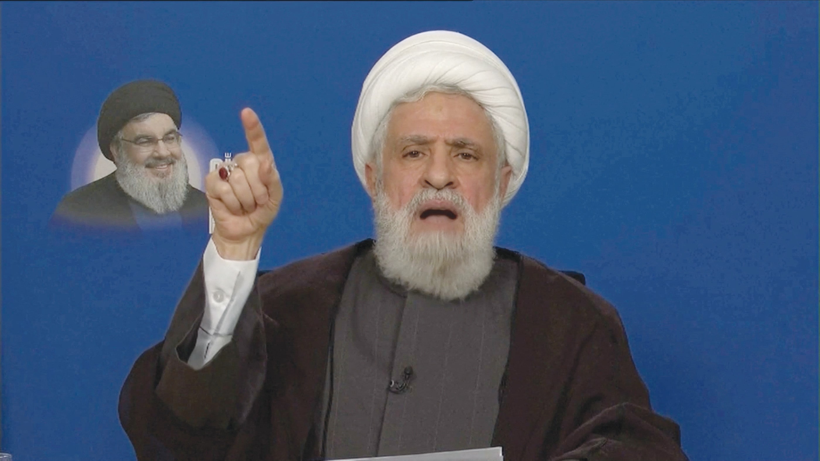 Hezbollah leader Sheikh Naim Qassem delivers an address from an unknown location, Jan. 27. (photo credit: Video still; Al Manar TV/Reuters TV)