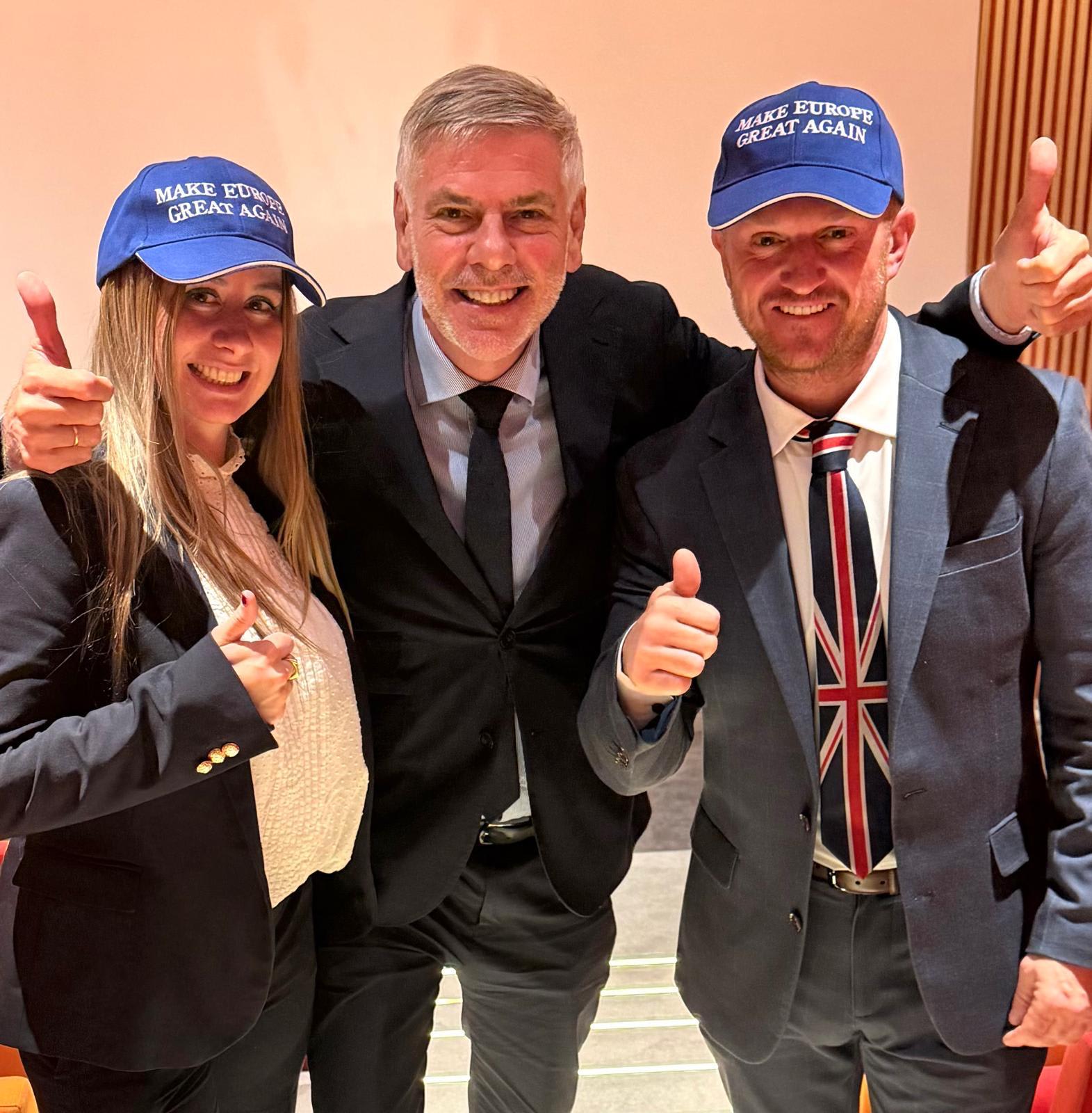Alice Cordier, Filip Dewinter and Tommy Robinson, May, 2026. (photo credit: Courtesy)