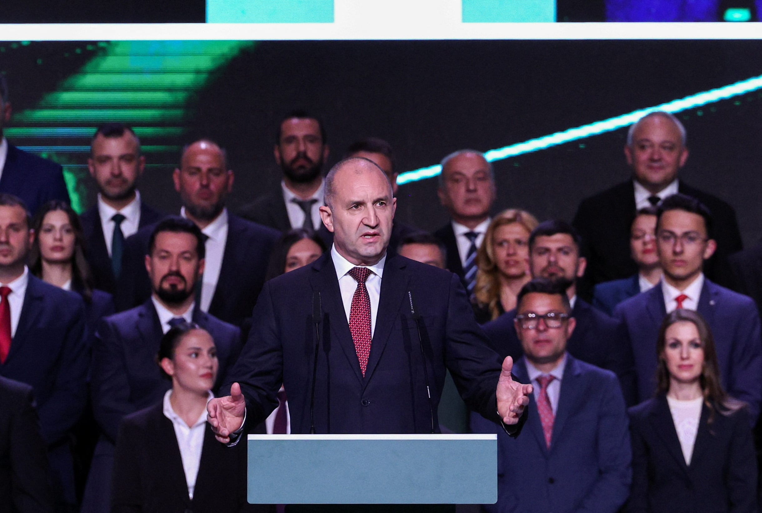 Former Bulgarian president and leader of the Progressive Bulgaria coalition Rumen Radev speaks during an election rally, ahead of the snap election, in Sofia, Bulgaria, April 16, 2026. (photo credit: REUTERS/SPASIYANA SERGIEVA)