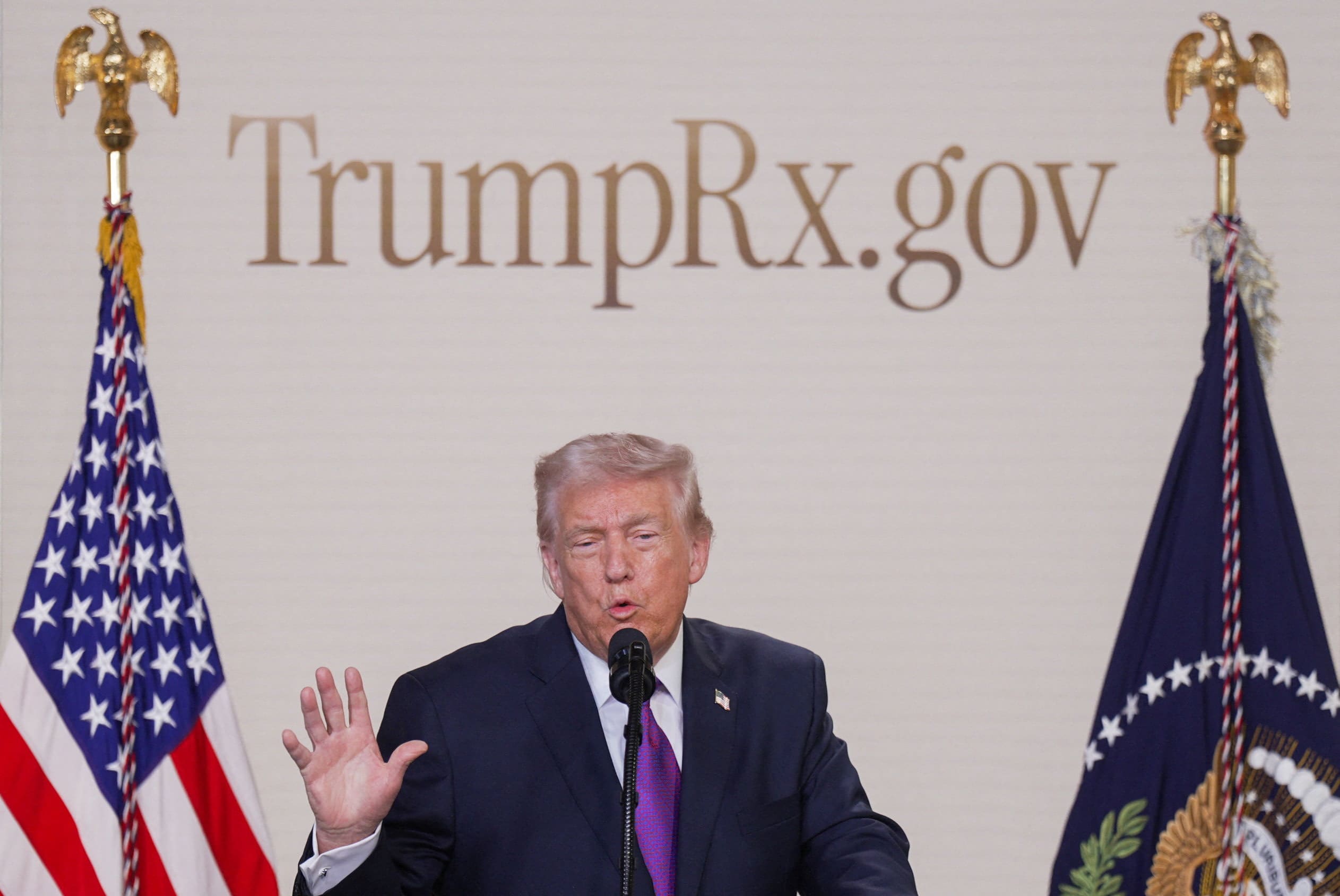 US President Donald Trump speaks during an event to unveil the TrumpRx drug discount site, in the South Court Auditorium on the White House campus, in Washington, DC, US, February 5, 2026. (photo credit:  REUTERS/Al Drago)