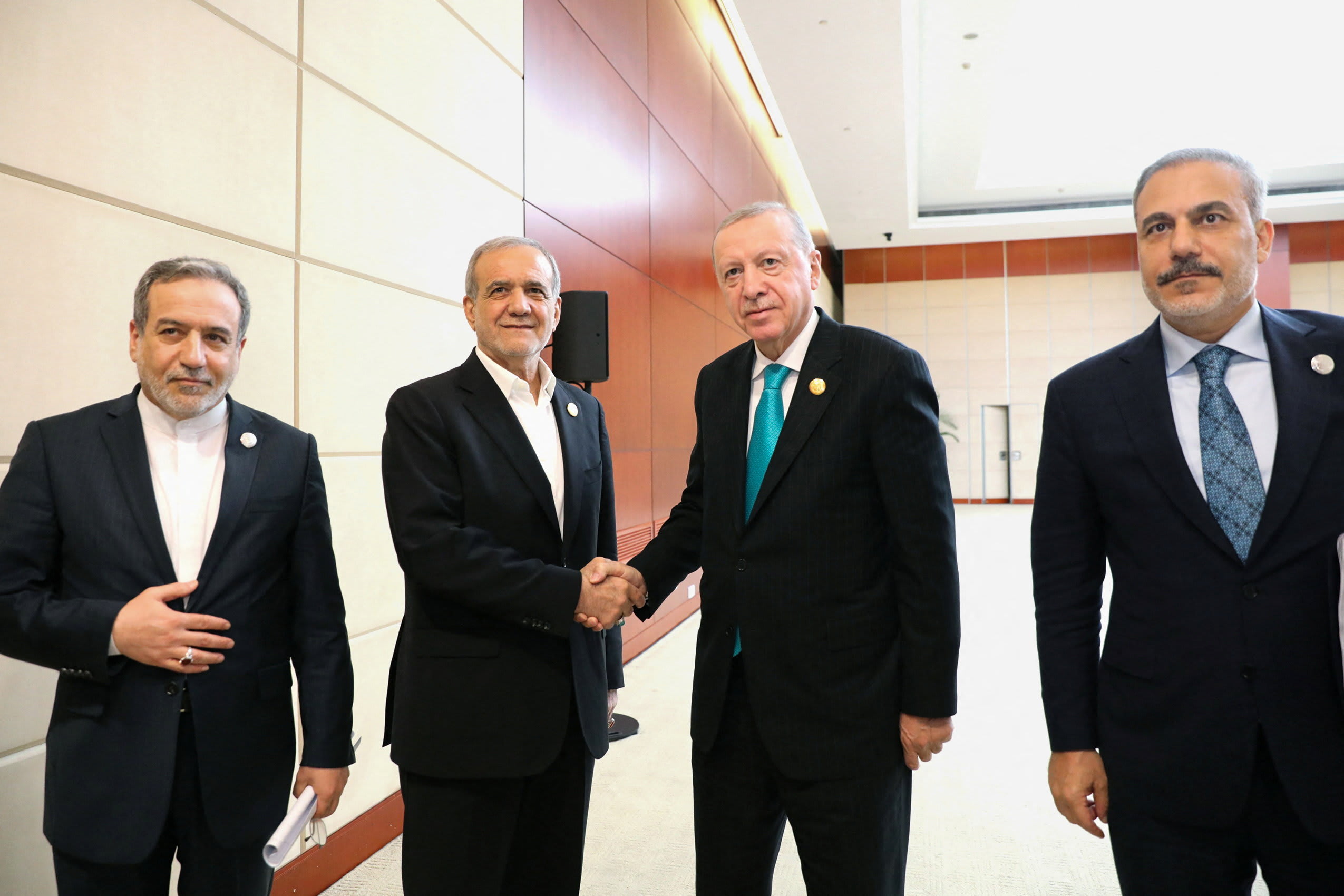 Iranian President Masoud Pezeshkian meets with Turkish President Tayyip Erdogan on the sidelines of the Shanghai Cooperation Organisation (SCO) summit in Tianjin, China, September 1, 2025. (photo credit: IRAN