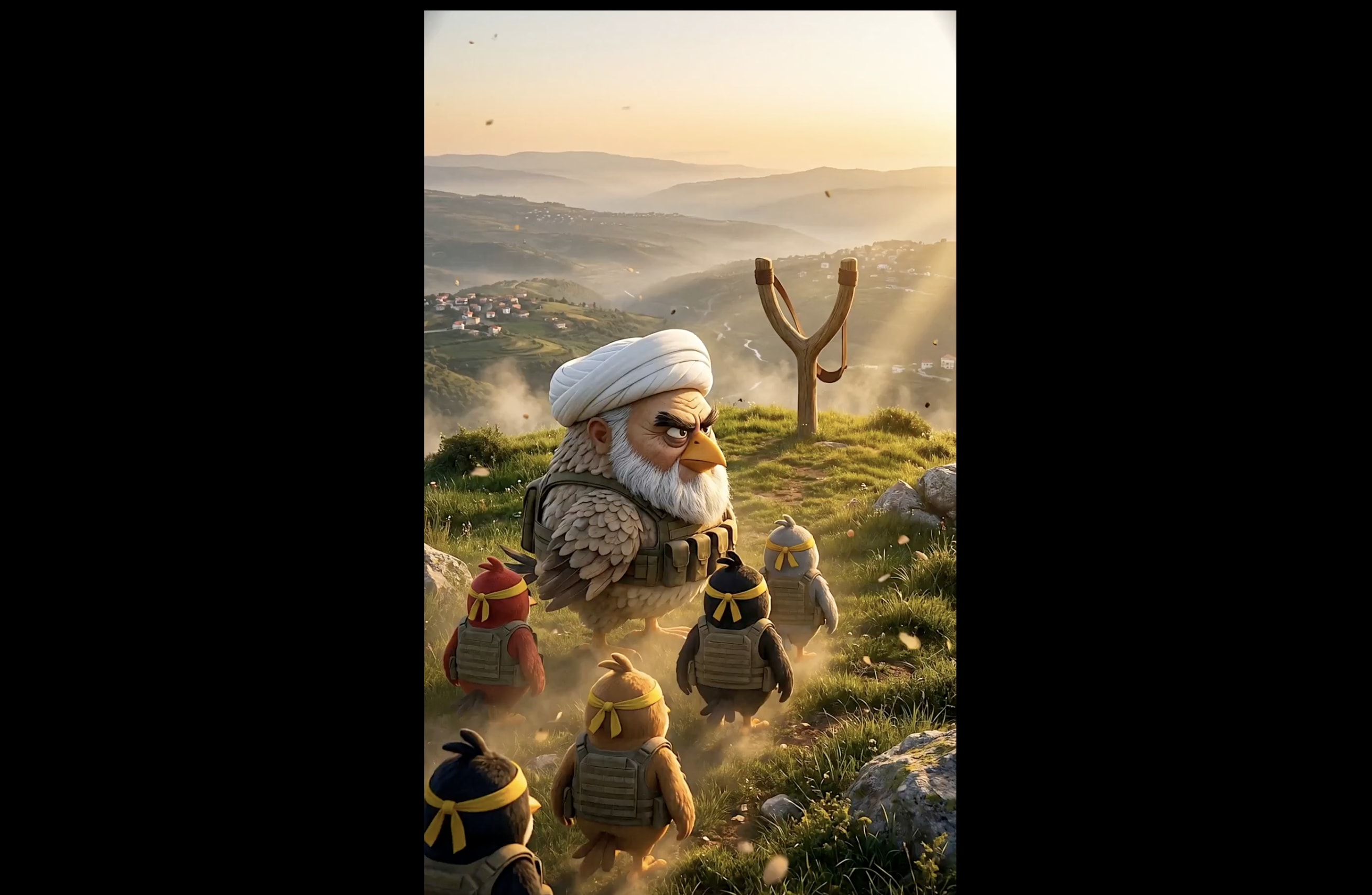 A screenshot of the LBC animation of Naim Qassem and Hezbollah elements inspired by the Angry Birds game. (photo credit: LEBANESE MEDIA, screenshot)