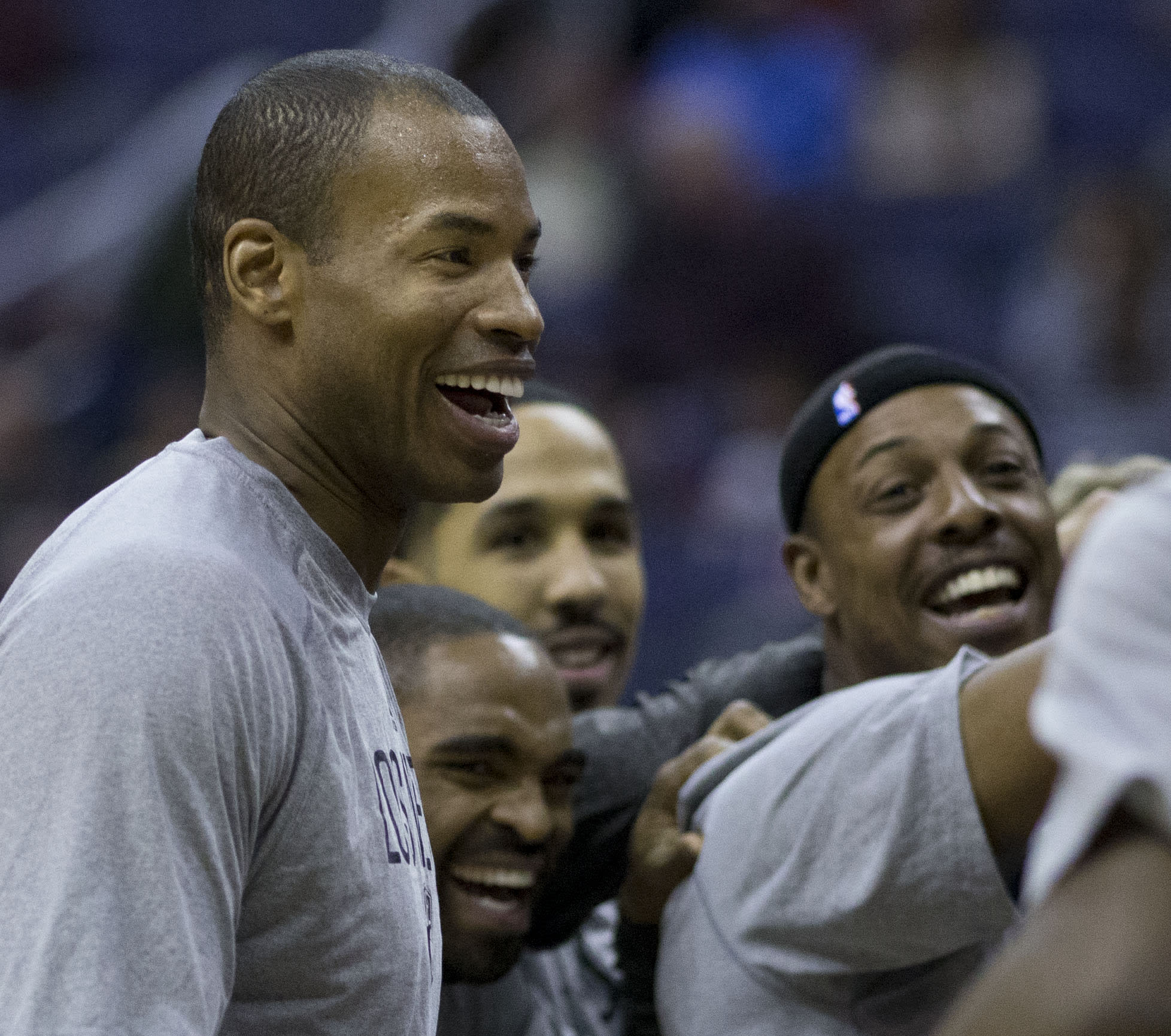 Jason Collins huddles with the Nets before playing the Washington Wizards in 2014. (photo credit: KEITH ALLISON/WIKIMEDIA)