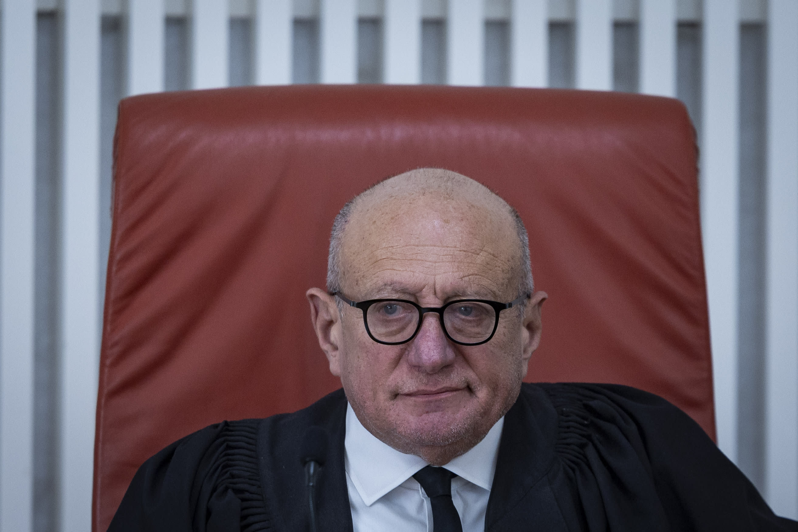 Supreme court justice Alex Stein arrives for a hearing on a petition seeking a conditional order that would require Justice Minister Yariv Levin to cooperate with Supreme Court President Yitzhak Amit in appointing office holders, at the Supreme Court in Jerusalem, May 20, 2026. (photo credit: OREN BEN HAKOON/FLASH90)