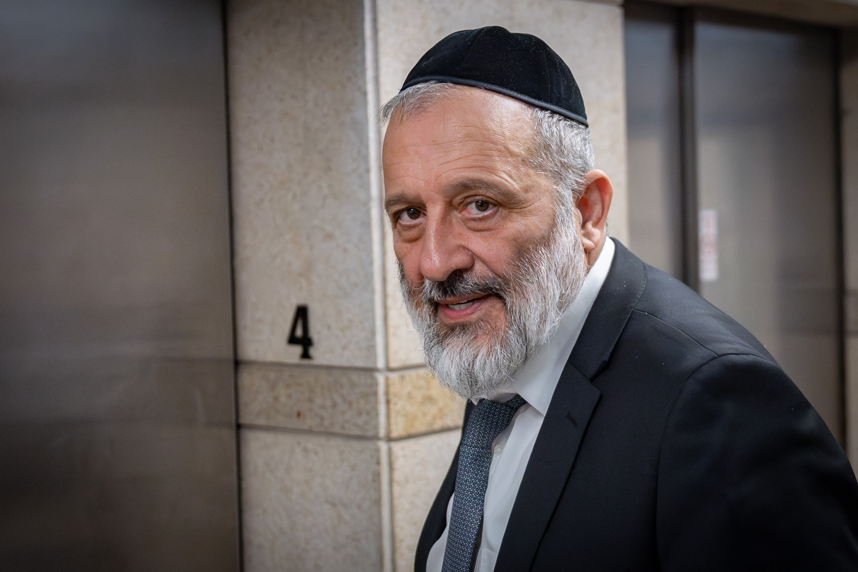 Shas faction leader MK Arye Deri seen outside the party offices in Jerusalem, June 4, 2025 (photo credit: Chaim Goldberg/Flash90)