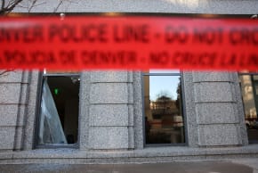 Police tape surrounds an area where a man broke into the Colorado Supreme Court building and barricaded himself inside overnight in Denver, Colorado, U.S., January 2, 2024.