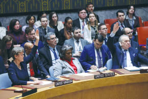  THE UN Security Council votes in favor of Resolution 2728, in March. The US abstained. 