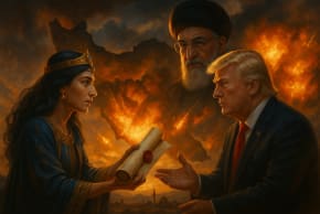  An AI-generated illustrative image of US President Donald Trump being handed a parchment from the biblical Queen Esther as Iranian Supreme Leader Ayatollah Ali Khamenei hovering in the background.