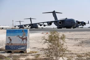  General view of US Air Force C-17 Globemaster aircrafts at al-Udeid Air Base which is housing Afghan refugees, in Doha, Qatar September 7, 2021