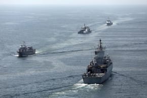 Warships sail during the joint Navy exercise of Iran, China and Russia in the Gulf of Oman, Iran, March 12, 2025; illustrative.