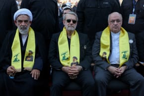 Iran's Supreme National Security Council Secretary Ali Larijani, Iranian ambassador to Lebanon Mojtaba Amani and others attend a ceremony to commemorate the first anniversary of Hassan Nasrallah's death, on the outskirts of Beirut, Lebanon, September 27, 2025