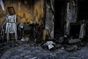 Devastation inside a home on Kibbutz Nir Oz from the October 7, 2023, massacre.
