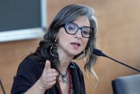 Francesca Albanese, the United Nations special rapporteur on the situation of human rights in the occupied Palestinian territory, speaks at the conference "Cartography of a Genocide", on the Israeli-Palestinian conflict, at Roma Tre University, in Rome, Italy, October 6, 2025. (photo credit: REUTERS/REMO CASILLI)