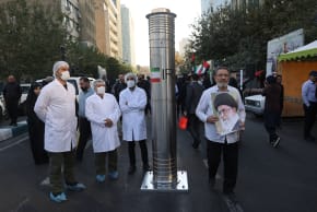  A model of a centrifuge is displayed during the 46th anniversary of the U.S. expulsion from Iran, in Tehran, November 4, 2025