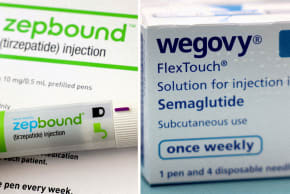 A combination image shows an injection pen of Zepbound, Eli Lilly's weight loss drug, and boxes of Wegovy, made by Novo Nordisk.